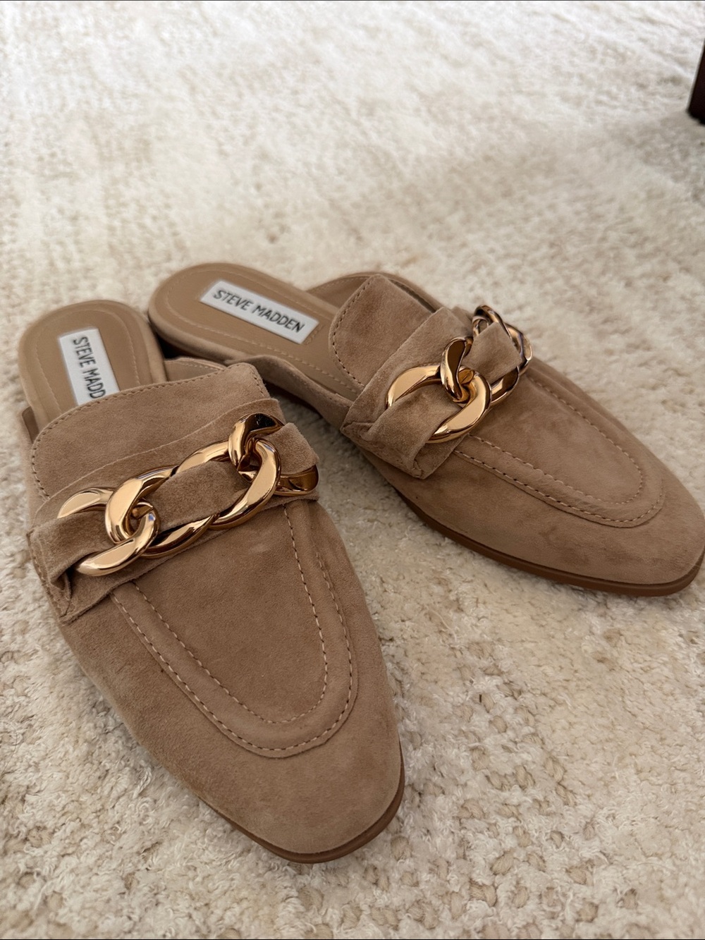Steve Madden Tan Suede Chain Mules with Gold Accent